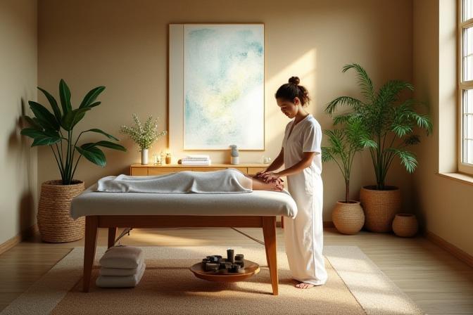 Tranquil massage room with therapist and client