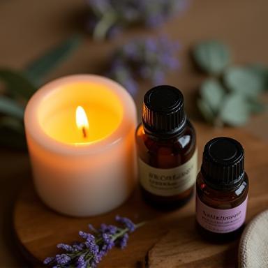 Essential oils beside calming candle
