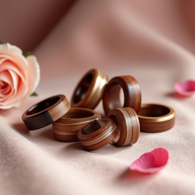 Colección de anillos de boda y compromiso de madera